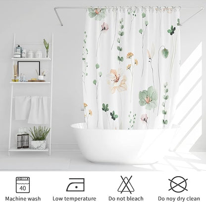 Gibelle Small Stall Shower Curtain 36 x 72, Narrow Half Watercolor Floral Fabric Shower Curtain, Sage Green Beige Flower Decorative Bathroom Shower Curtain Set