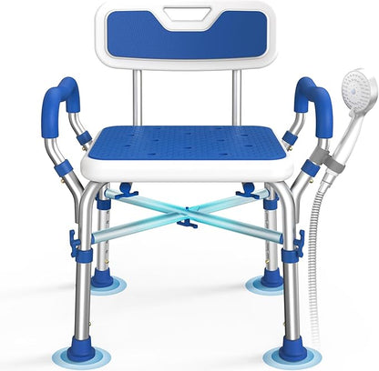 FSA/HSA Eligible Shower Chair for Inside Shower with Reinforced Crossing Bar, Heavy Duty Shower Seat 500lbs with Padded Arms and Back, Height Adjustable Shower Chair for Elderly and Disabled