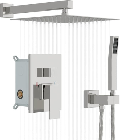 Lordear Rain Shower System Wall Mounted Shower Faucet Set - 12 Inch Stainless Steel Shower Head Handle Set and Solid Brass Valve, Chrome Polished Finish