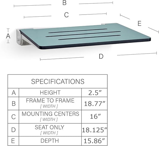 18 inch Silhouette Slimline Folding Wall Mount Shower Bench Seat, Teal Seat with White Frame