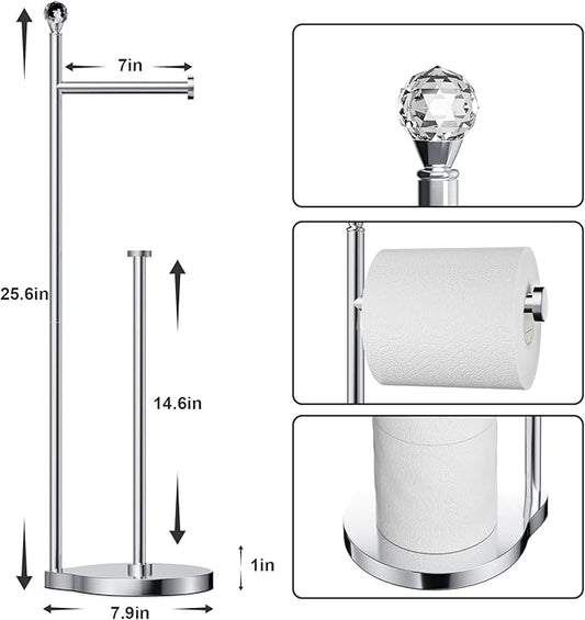 Toilet Paper Holder for Bathroom, Heavy Weighted Metal Free Standing Toilet Paper Storage with Crystal Ball, Toilet Paper Stand for Bathroom Accessories, Polished Chrome [Holds MEGA Rolls]
