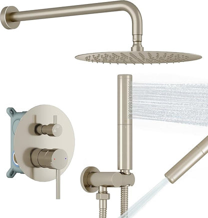 BESy Shower System with 10 Inch Round Rain Shower Head and Handheld Wall Mounted, High Pressure Rainfall Shower Faucet Fixture Combo Set with 2 in 1 Handheld Showerhead for Bathroom, Brushed Nickel