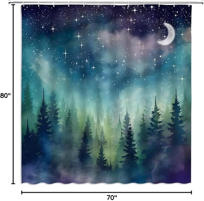Forest Moon Shower Curtain Watercolor Misty Forest Fantasy Starry Sky Galaxy Nature Gothic Scenery Abstract Outdoor Bathroom Decor Curtains with Hooks, Purple 78" L x 70" W