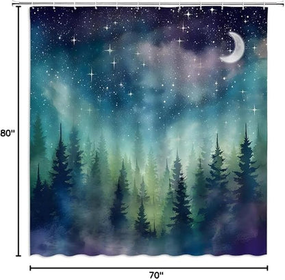 Forest Moon Shower Curtain Watercolor Misty Forest Fantasy Starry Sky Galaxy Nature Gothic Scenery Abstract Outdoor Bathroom Decor Curtains with Hooks, Purple 78" L x 70" W