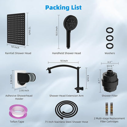 Hibbent All Metal 12'' Filtered Rainfall Shower Head Combo, High Pressure Handheld Shower Head with 16'' Adjustable Arc Extension Arm, 20 Stage Shower Filter, 10-spray, 71'' Shower Hose, Matte Black