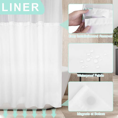 No Hook Shower Curtain with Snap in Liner for Bathroom,with See Through Top Window,Double Shower Curtain Set with Detachable Fabric Liner Replacement, Machine Washable, Blue Flower, 71"x 74"