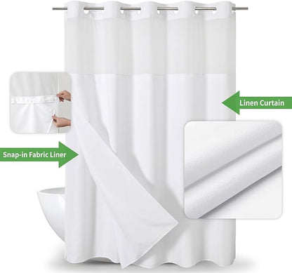 Extra Long No Hooks Needed Linen Textured Shower Curtain with Snap-in Fabric Liner Set,Tall Hotel Luxury Decor Shower Curtains for Bathroom,Waterproof & Washable,71Wx98H,White