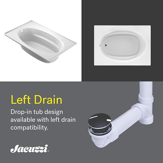 Jacuzzi SIGNATURE Acrylic Drop-In Bathtub, Jet Massage Tub, Slip Resistant, Left Drain Placement, 72" (L) x 42" (W), Oval In Rectangle, White