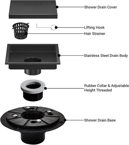 4 Inch Square Shower Floor Drain, Shower Drain Kit with Flange and 2 in 1 Tile-Insert Cover, Square Shower Drain, SUS 304 Stainless Steel Floor Drain,Matte Black