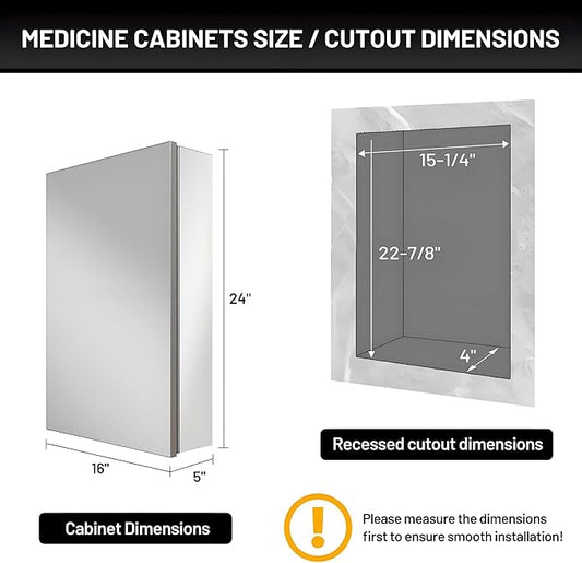 16 x 24 Medicine Cabinet Mirror for Bathroom,Assembly Required,Aluminum Alloy Frame,Recessed/Surface Mounted,Reversible L/R Door,Adjustable Shelves,Bathroom Medicine Cabinet with Mirror