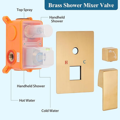 Brushed Gold Square Shower Head with Handheld Set, Rainfall Shower System Modern Wall Mounted Shower Faucet for Bathroom 12 inch (With Shower Valve)