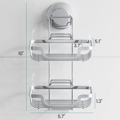 TAILI Double Layer Soap Dish Holder, Bar Soap Tray Suction Cup for Shower Wall, Draining for Bathroom, Rustproof Stainless Steel Sponge Holder for Tub, Kitchen, Drill-Free, Silver