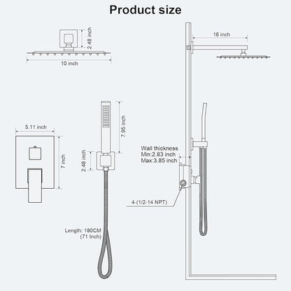 Shower Faucet Set Bathroom Square Rain Shower Head and Handle Set, Wall Mounted Shower Fixtures, Full Metal Trim Repair Kit 10 inch Polished Chrome (With Shower Valve)