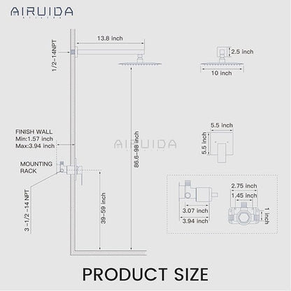 Airuida Shower Faucet Set Bathroom Rain Shower System SUS304 Stainless Steel Single Handle With Male Threads Rough-in Valve Shower Trim Kit 10 Inch Wall Mount Shower Head Brushed Gold