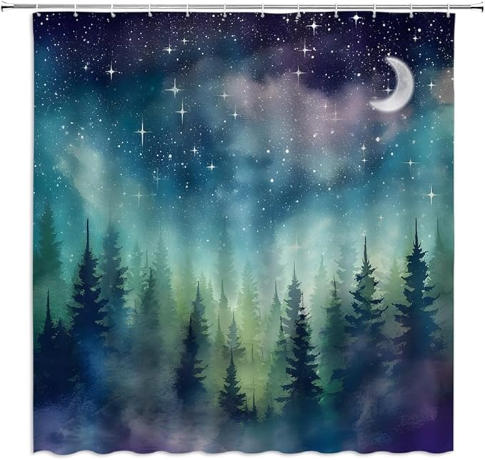 Forest Moon Shower Curtain Watercolor Misty Forest Fantasy Starry Sky Galaxy Nature Gothic Scenery Abstract Outdoor Bathroom Decor Curtains with Hooks, Purple 70" L x 47" W