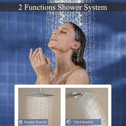 Shower Faucet Set Brushed Nickel Shower System, Ceiling Mount 10 Inch Shower Head with 6 Inch Wall Mount Shower Head, Knob Switch Diverter Shower Faucet, Rough-in Valve Body and Trim Included