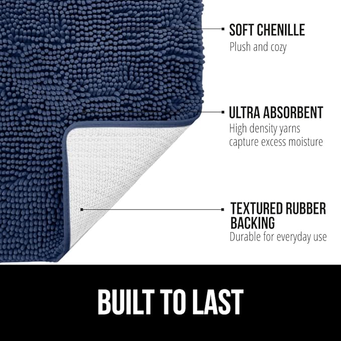 GORILLA GRIP Bath Rug Mat 60x24, Soft Absorbent Chenille, Quick Dry Microfiber Mats, Rubber Backing Washable Shower Floor Rugs, Bathmat Runner, US Designed Bathroom Home Decor Accessories Navy Blue