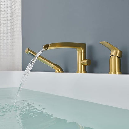 Waterfall Roman Tub Faucet Brushed Gold Deck Mount Bathtub Faucets Brass Tub Filler Bathroom Faucets with Hand Shower