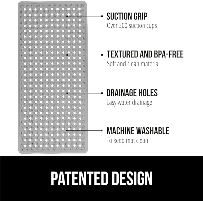 GORILLA GRIP Patented Bath Tub Shower Mat, Machine Washable Bathtub Floor Liner Mats, Suction Cups and Drain Holes to Keep Tubs Clean, Soft on Feet, Bathroom Essentials, 35x16 Inch, Gray Opaque