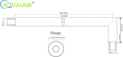 Aquaiaw Shower Arm and O-Ring Flange, 12 inch, Solid Brass, Soldered 90 Degree, Both Soldered 1/2 NPT Tapered Threads, Round, Wall Shower Extension, Rain Shower Head Extension Arm (Matte Black)