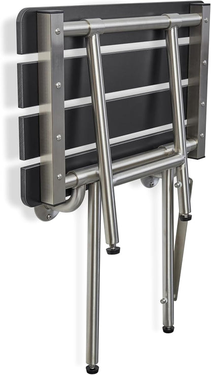 22-inch x 15-inch ADA Bariatric Folding Wall Mount Bench Shower Seat with Legs, Black Slatted Phenolic Seat