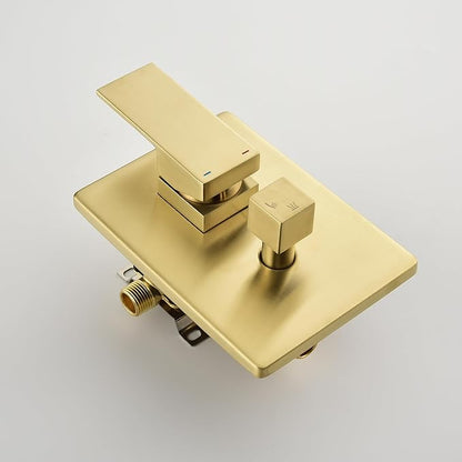 WELLFOR Brushed Gold 12" Wall Mounted Shower Faucet Set Single Handles, Dual Head Shower Faucet System with 2-way Diverter, Shower System with Handheld Spray, Rough in Valve, Hot Cold Water