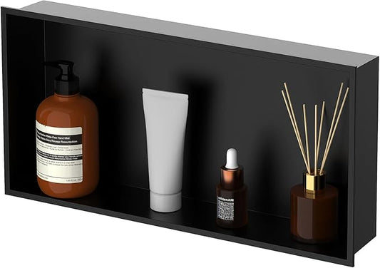 Homevacious 24" X 12" X 4" Stainless Steel Shower Niche No Tile Needed Matte Black Bathroom Shelf Rimless Recessed Wall Niche for Bathroom Storage