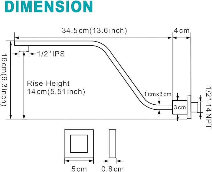 16 Inch S Shape Oil Rubbed Bronze Shower Head Arm, Square Wall Mounted Shower Arm and Flange Included