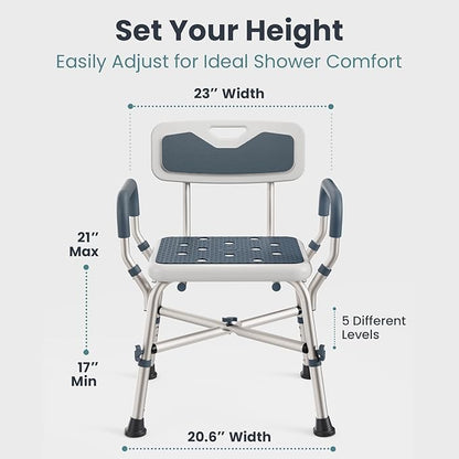 PELEGON Shower Chair for Elderly and Disabled (450lb) with Padded Armrests and Back, Adjustable Height Shower Seat, Heavy Duty Shower Chairs for Inside Shower, Handicap - Blue
