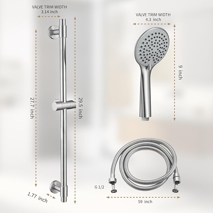 Adjustable Shower Slide Bar with 5-Function Handheld Shower Head, Stainless Steel Grab Slide Bar Combo with Extra Hose (Brushed Nickel)
