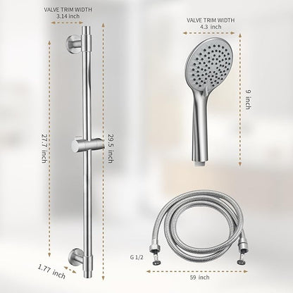 Adjustable Shower Slide Bar with 5-Function Handheld Shower Head, Stainless Steel Grab Slide Bar Combo with Extra Hose (Brushed Nickel)