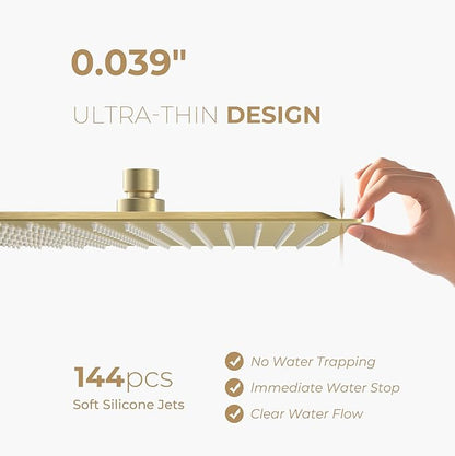 High Pressuer Square Rain Shower Head, Ultra Thin, SUS304 Stainless Steel, Universal Any Decorative Style, All Metal Rainfall Shower Head, Brushed Gold, 2.5 Gpm, 12 inch