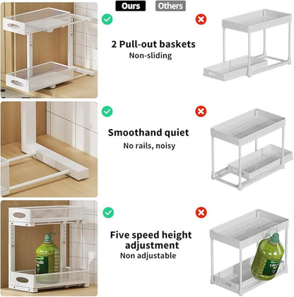 Under Sink Organizer, 2-Tier Pull Out Cabinet Organizer with Adjustable Height, Use in Kitchen Bathroom Cabinet and Countertop Storage, White