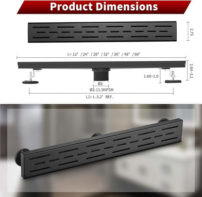 Sharp-tec Linear Shower Drain, 32 inch Shower Drain with Removable Pattern Cover, Matte Black 304 Stainless Steel Rectangle Floor Drain, Adjustable Feet and Hair Strainer Included (Model 101)