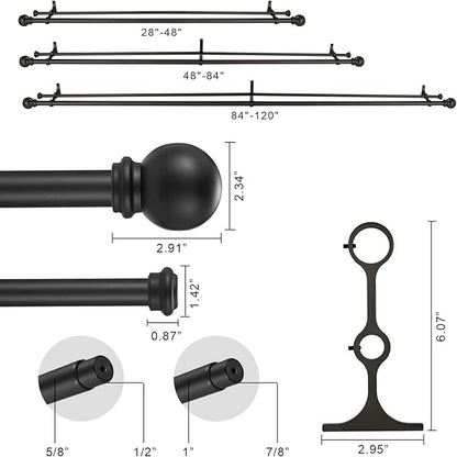 Double Curtain Rod 48 to 84 inch, Adjustable 1 inch Double Drapery Rod Rods for Windows and Doors with Ball Round Finials and Premium Aluminum Brackets Set(48-84",Matte Black)