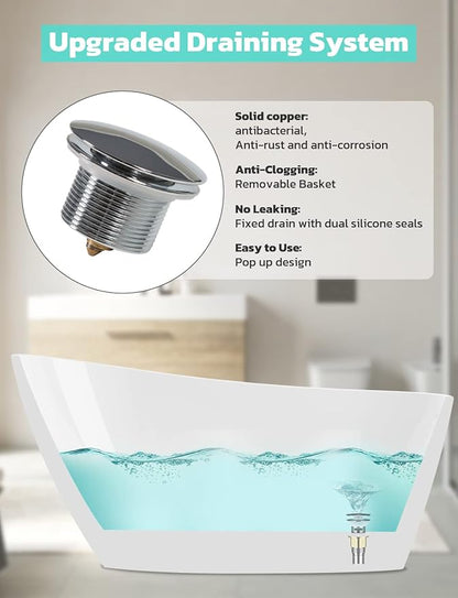 Freestanding Bathtub, 55 inch Acrylic Free Standing Soaking Bathroom Tub with Brushed Nickel-Finished Overflow and Anti-Clogging Drain, Easy Installation
