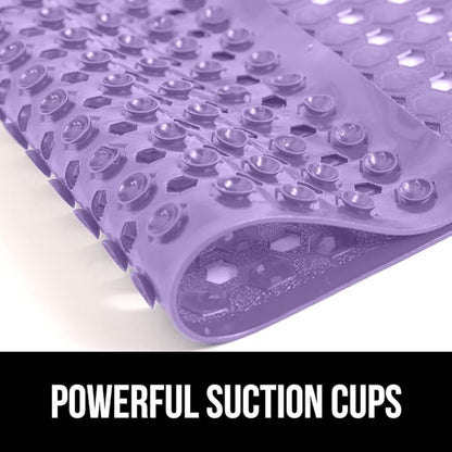 GORILLA GRIP Patented Bath Tub Shower Mat, Machine Washable Bathtub Floor Liner Mats, Suction Cups and Drain Holes to Keep Tubs Clean, Soft on Feet, Bathroom Essentials, 35x16 Inch, Purple Opaque