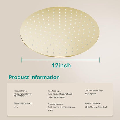 All Metal Rain Shower Head - Heavy Duty Stainless Steel, Easy Install, High Water Flow, Ultra-Thin Modern Design for Bathroom (F-Brushed Gold, 12)