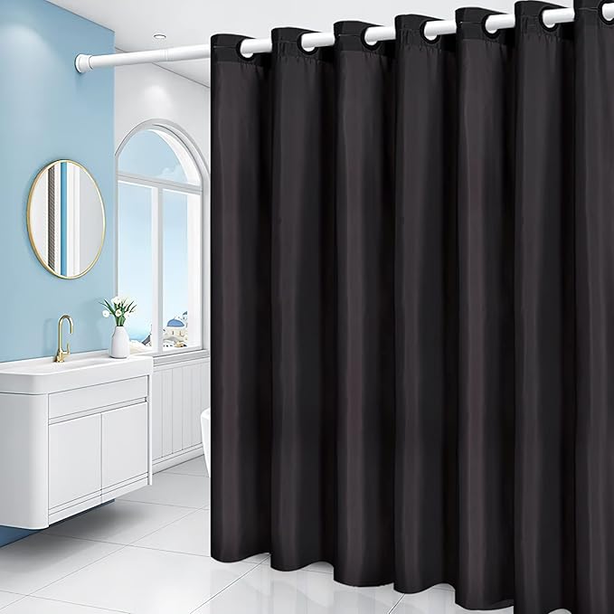 No Hook Stall Size Shower Curtain,Polyester Fabric Small Narrow Shower Curtain Liner with 6 Plastic Split Grommets,Machine Washable & Waterproof Hotel Style Curtains for Bathroom,Black,48x84 Inch