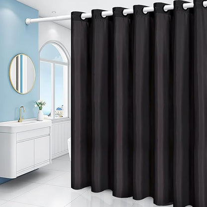 No Hook Stall Size Shower Curtain,Polyester Fabric Small Narrow Shower Curtain Liner with 6 Plastic Split Grommets,Machine Washable & Waterproof Hotel Style Curtains for Bathroom,Black,48x84 Inch