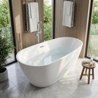 67" Freestanding Acrylic Bathtub, Deep Soaking Tub with Non-Slip Base & Chrome Drain, cUPC Certified, White Pearl