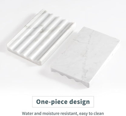 2 Pcs Soap Holder for Bathroom, Marble Soap Dish for Kitchen Countertop, Bathroom Tray with Creative Wavy Design, Soap Saver for Bath Tub, Sponges, Italian Natural Stone(Bianco Carrara)