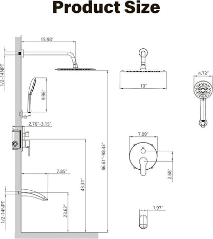 Gabrylly Bathtub Shower System, Shower Faucet Set with Tub Spout, High Pressure 10" Rain Shower head with Handheld Spray, Shower Fixtures with Pressure Balance Shower Valve, Brushed Nickel