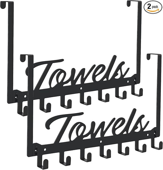 2 Pack Over The Door Hooks, Towel Rack for Bathroom Towel Holder for Hanging Heavy Duty, Over Door Towel Hanger with 14 Coat Hooks for Bedroom Bathroom Kitchen Towels, Bags, Hats - Black