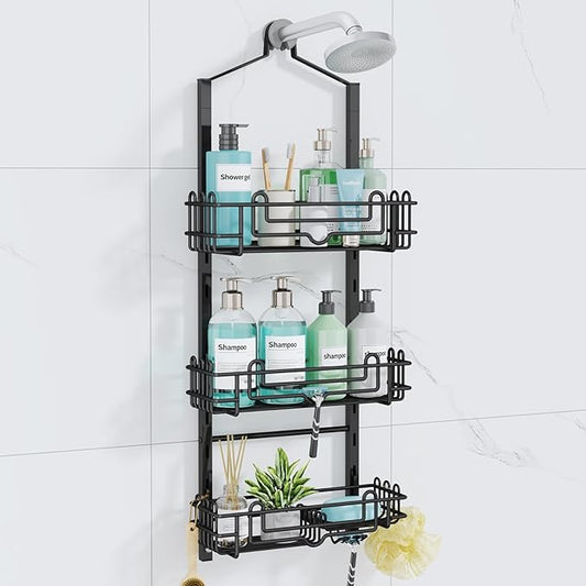 Consumest Shower Caddy Hanging – Rustproof Over Shower Head Hanger with Soap Holder and Hooks, Anti-Slip Shower Shelves for Storage, Bathroom Organizer for Apartment, Dorm, Black