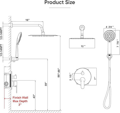 Gabrylly Black Shower System, Pressure Balance Shower Faucet Set, 12" Stainless Steel Rain Shower head with 5-Mode Handheld Shower Spray Combo,High Pressure Rainfall Shower Head Set, Matte Black