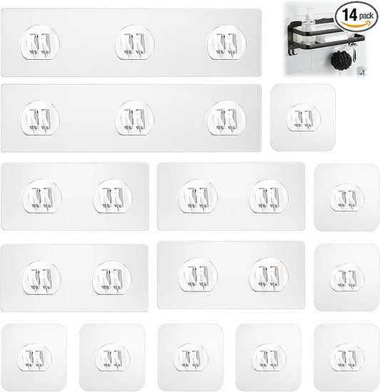 Shower Caddy Adhesive Replacement Hooks 14 Pack, Strong Transparent No Drilling Sticky Pads for Bathroom Shower Shelf Kitchen Rack Storage, Multi Size Adhesive Pads