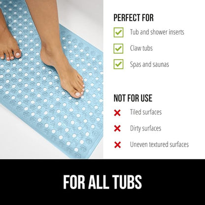 GORILLA GRIP Patented Bath Tub Shower Mat, Machine Washable Bathtub Floor Liner Mats, Suction Cups and Drain Holes to Keep Tubs Clean, Soft on Feet, Bathroom Essentials, 35x16 Inch, Clear Blue