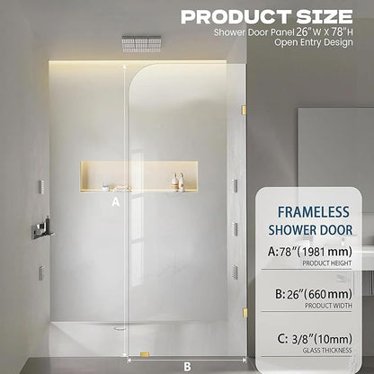 Frameless Shower Door, 26" W ×78" H Fixed Shower Glass Panel with Clamps, 3/8" (10mm) Glass Shower Doors, Clear Tempered Bathroom Shower Panel in Brushed Gold