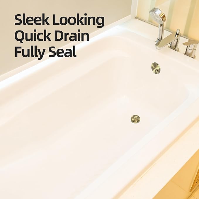 Brushed Gold Bathtub Drain, Hair Catcher and 2-Hole Overflow Faceplate, 11.5/16 UNC, Lift and Turn Bathtub Drain Replacement, Tub Drain Stopper